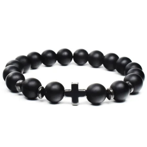 Onyx Bracelet,Cross Bracelet,Onyx Cross Bracelet,8mm Onyx Stone Beads - Picture 1 of 1